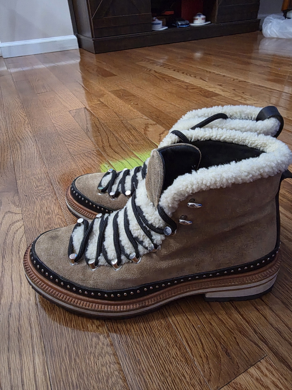 rag & bone Tan Suede Shearling Trim Hiking-Style Ankle Boots - Picture 3 of 8